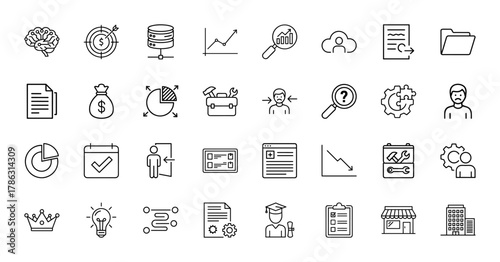 Business and strategy line icon set. Vector pictograms of brain, target, database, charts, documents, money bag, toolbox, cloud, calendar, and building, thin linear illustration.