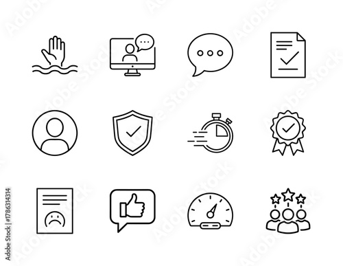 User interface line icon set. Vector pictograms of feedback, support, security, quality, speed, performance, and interaction elements, thin line illustration.