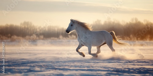 White horse galloping through snowy field at golden winter sunrise with flowing mane and misty frost. Majestic freedom run, inspiring cold season dawn vibe full of power and serenity.