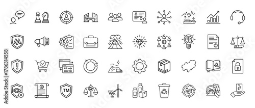 Business, legal, and environmental solutions line icon set. Vector pictograms of chess, document, chart, package, shield, megaphone, brain, and wind turbine, thin linear illustration.