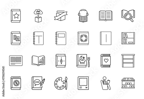 Literature and learning line icon set. Vector pictograms of books, notebooks, audiobooks, bookshelves, e-readers, and reading activities, thin linear illustration.