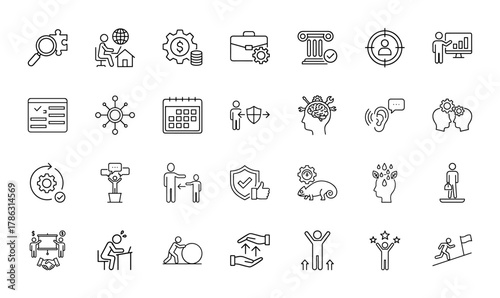 Business development line icon set. Vector icons of solutions, remote work, finance, goals, planning, security, innovation, teamwork, growth, and success, thin linear illustration.