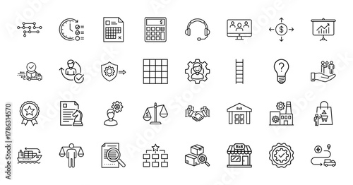 Business management line icon set. Vector pictograms of network, time, finance, delivery, security, factory, shipping, charts, strategy, collaboration, and ideas, thin linear illustration.