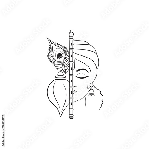 krishna vector illustration lord krishna with flute, peacock feather, and kalash outline design