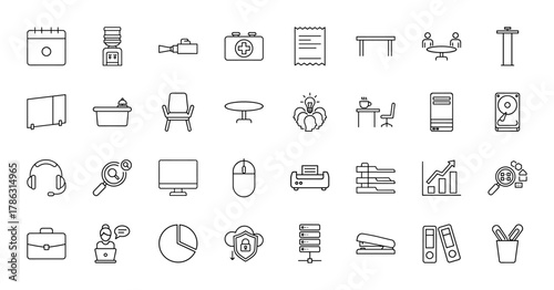 Business and office technology line icon set. Vector pictograms of calendar, water cooler, office partition, brainstorm, cloud security, and folders, thin linear illustration.