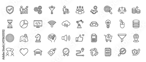 Business, finance, and tech line icon set. Vector pictograms of growth, money, data, automation, innovation, and commerce, thin linear illustration.