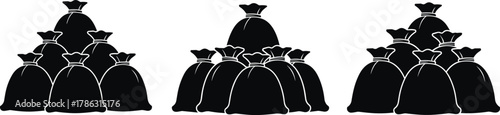 Stacked money bag silhouettes vector illustration, financial wealth and banking concept, savings, investment, and cash storage design set