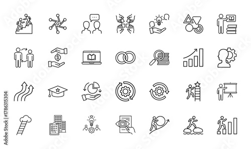 Business and education line icon set. Vector pictograms of teamwork, communication, collaboration, innovation, learning, growth, development, analysis, and success, thin linear illustration.