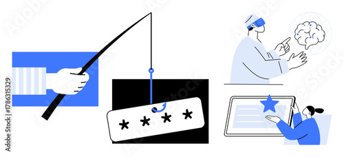 Hand with fishing line stealing password, person using VR headset exploring brain, user engaging with tablet content. Ideal for online safety, technology, education, AI, innovation, science simple