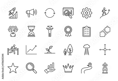 Business and growth line icon set. Vector pictograms of rocket launch, megaphone, data analysis, strategy, success, planning, and achievement elements, thin linear illustration.
