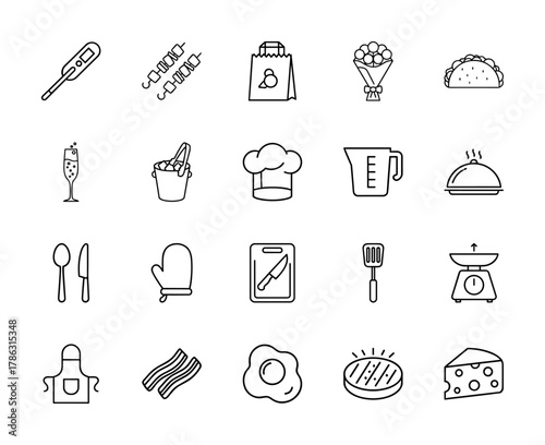Kitchen and food icon set. Vector pictograms of chef hat, thermometer, measuring cup, oven mitt, spatula, apron, bacon, egg, and cheese, thin linear illustration.