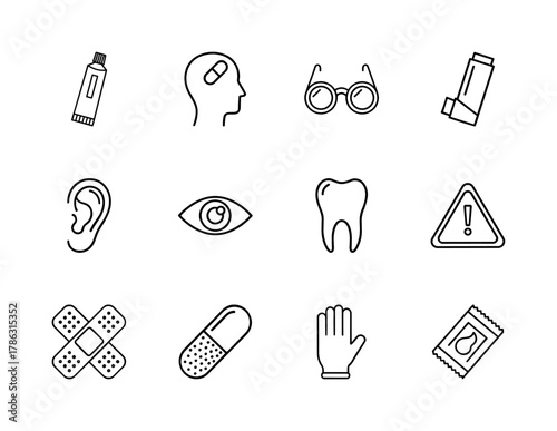 Medical and healthcare line icon set. Vector pictograms of medicine tube, eyeglasses, inhaler, ear, eye, tooth, band-aid, and capsule, thin linear illustration.