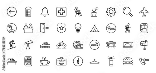 Diverse universal line icon set. Vector pictograms of medical cross, airplane, light bulb, tent, train, camera, hamburger, telephone, thin linear illustration.