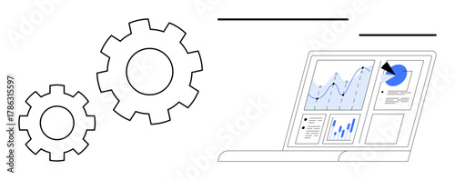 Gears beside a laptop displaying charts, graphs, and data visualizations, highlighting efficiency, strategy, and technology. Ideal for workflow, analytics, development automation innovation