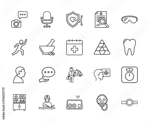 Healthcare and wellness line icon set. Vector pictograms of medical records, ambulance, tooth, pharmacy, safety goggles, weight scale, and oxygen mask, thin linear illustration.