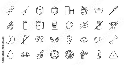 Health, nutrition, and daily life line icon set. Vector pictograms of molecules, food, medical tools, anatomy, hygiene, and warnings, thin linear illustration.