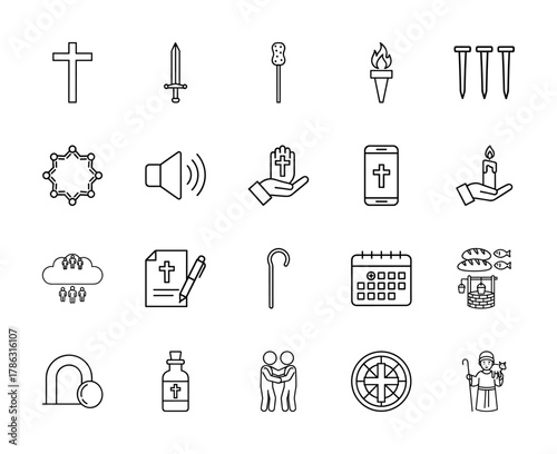 Christianity and spirituality line icon set. Vector pictograms of cross, sword, torch, nails, hand with cross, calendar, well, people, and shepherd, thin linear illustration.