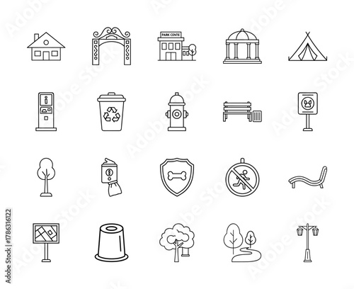 Urban park and public space line icon set. Vector pictograms of house, arch, park center, gazebo, tent, kiosk, recycling, hydrant, bench, and street lamp, thin linear illustration.