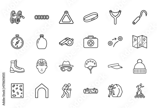 Outdoor adventure line icon set. Vector pictograms of compass, map, first aid kit, climbing gear, headlamp, and hiking equipment, thin linear illustration.