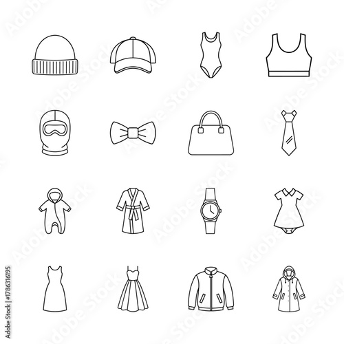 Clothing and accessories line icon set. Vector pictograms of beanie, cap, swimsuit, bow tie, handbag, necktie, dress, jacket, and watch, thin linear illustration.