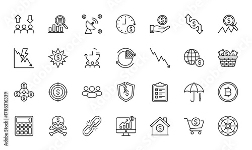 Finance and business line icon set. Vector pictograms of charts, money, global economy, risk, analytics, investment, security, cryptocurrency, time, and property, thin linear illustration.