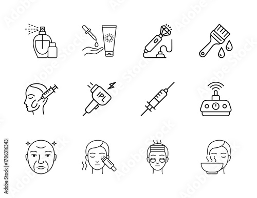 Beauty line icon set. Vector pictograms of perfume, sunscreen, microdermabrasion, brush, facial injection, IPL, facial massage, eye mask, and steaming, thin linear illustration.