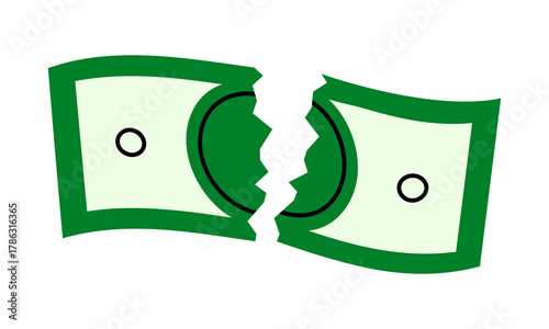 Hand drawn cute illustration of torn dollar. Flat vector damaged money currency sticker doodle. Cut paper cash. Banknote split in half. Debt or credit symbol. Financial crisis. Isolated.