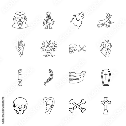Halloween and horror line icon set. Vector pictograms of vampire, mummy, witch, werewolf, skull, bones, heart, coffin, and haunted tree, thin linear illustration.