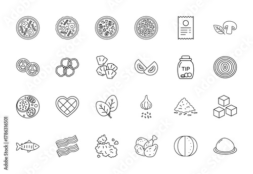 Food and pizza line icon set. Vector pictograms of various pizzas, ingredients, receipt, tip jar, chicken, fish, bacon, tomato, garlic, and onion, thin linear illustration.
