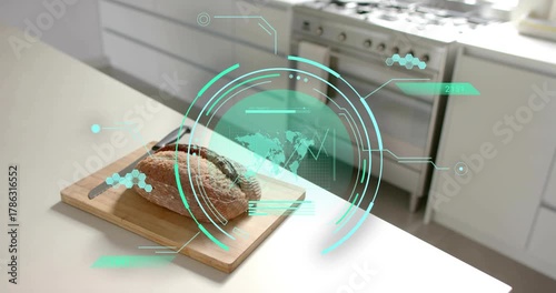 HUD fading in over loaf of bread, rings expanding, graph rising, visualizing freshness data