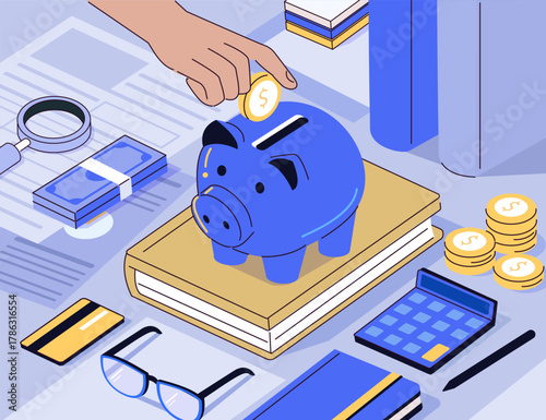 Financial wellness, literacy, planning, savings. Piggy bank on a desk surrounded by office items such as banknotes, books, cash, coins. Vector isometric illustration.