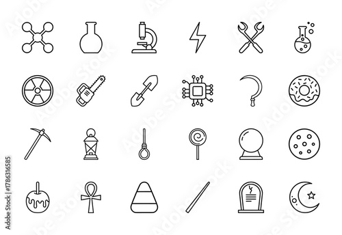 Diverse collection of science, tool, and fantasy icons. Vector pictograms of molecule, microscope, chainsaw, circuit, crystal ball, tombstone, and candy, thin linear illustration.