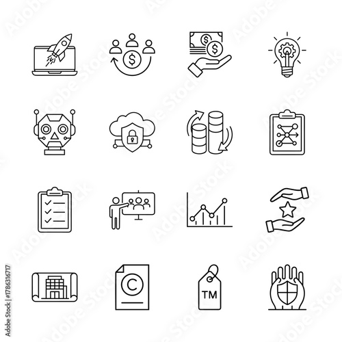 Business technology line icon set. Vector pictograms of startup, teamwork, finance, ideas, robot, security, growth, and copyright, thin linear illustration.
