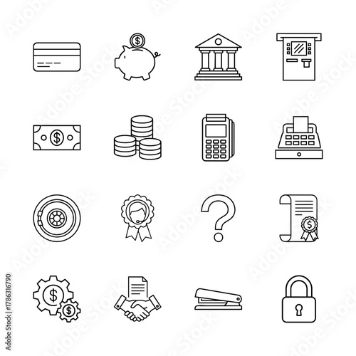 Financial and business icon set. Vector pictograms of card, piggy bank, bank, ATM, cash, coins, POS terminal, certificate, handshake, and padlock, thin linear illustration.