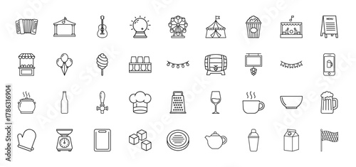 Festival and event line icon set. Vector pictograms of accordion, stage, ferris wheel, popcorn, market stall, beer barrel, chef hat, and wine glass, thin linear illustration.
