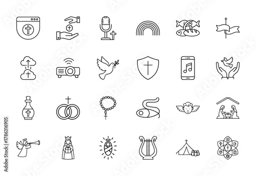 Faith and worship line icon set. Vector pictograms of cross, dove, rainbow, fish, rosary, nativity, angel, shield, offering, and ceremony, thin linear illustration.