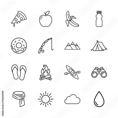 Food, nature, and outdoor activities line icon set. Vector pictograms of pizza, apple, banana, donut, fishing, mountains, tent, campfire, kayak, sun, thin linear illustration.