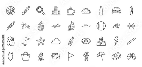 Travel and leisure line icon set. Vector pictograms of hotel, palm tree, hamburger, cupcake, surfboard, campfire, sandcastle, binoculars, kayak, golf flag, thin linear illustration.