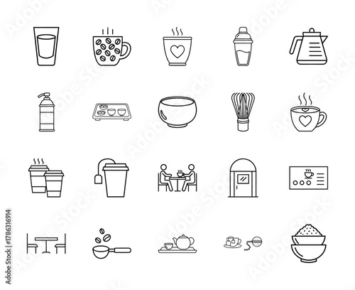 Cafe and beverage line icon set. Vector pictograms of glass, coffee cups, kettles, shakers, tea bowls, whisks, takeaway cups, menus, and dining, thin linear illustration.