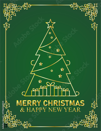 Felicitación navideña verde con marco y árbol de navidad dorado
