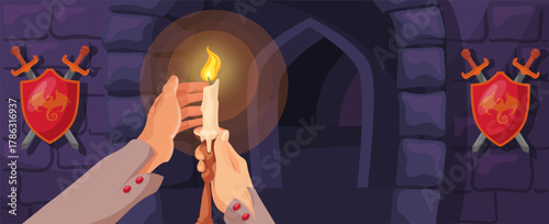 Hand candle in dark. Hands hold candlestick dungeon or medieval castle, horror game magic fairytale haunted house fire light darkness cartoon background, neat vector illustration