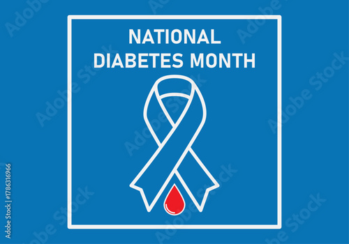 Mes nacional de la diabetes con lazo azul y gota de sangre