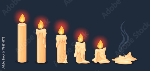 Candle wax stages. Burning candles animation steps, burn wick fire flame melting wax different stage 2d game sprite sheet magic christmas light candlelight neat vector illustration