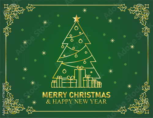Felicitación navideña verde con marco y árbol de navidad dorado