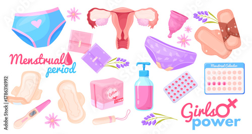 Feminine hygiene products. Female menstruation cycle icons, tampon sanitary pad menstrual cup uterus gynecology panties blood pms period calendar, cartoon neat vector illustration