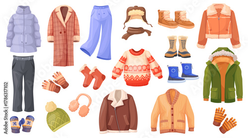 Cartoon winter clothes. Fashion warm outfit, cold autumn season wardrobe coats modern casual jacket sweater scarf hat cap shoes outdoor wear garment set, neat vector illustration