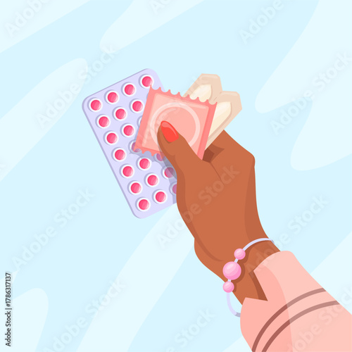 Hand hold contraceptives. Woman hands holding condom birth control pills, safe sex world contraception day precaution pregnancy prevention hiv protect, neat vector illustration
