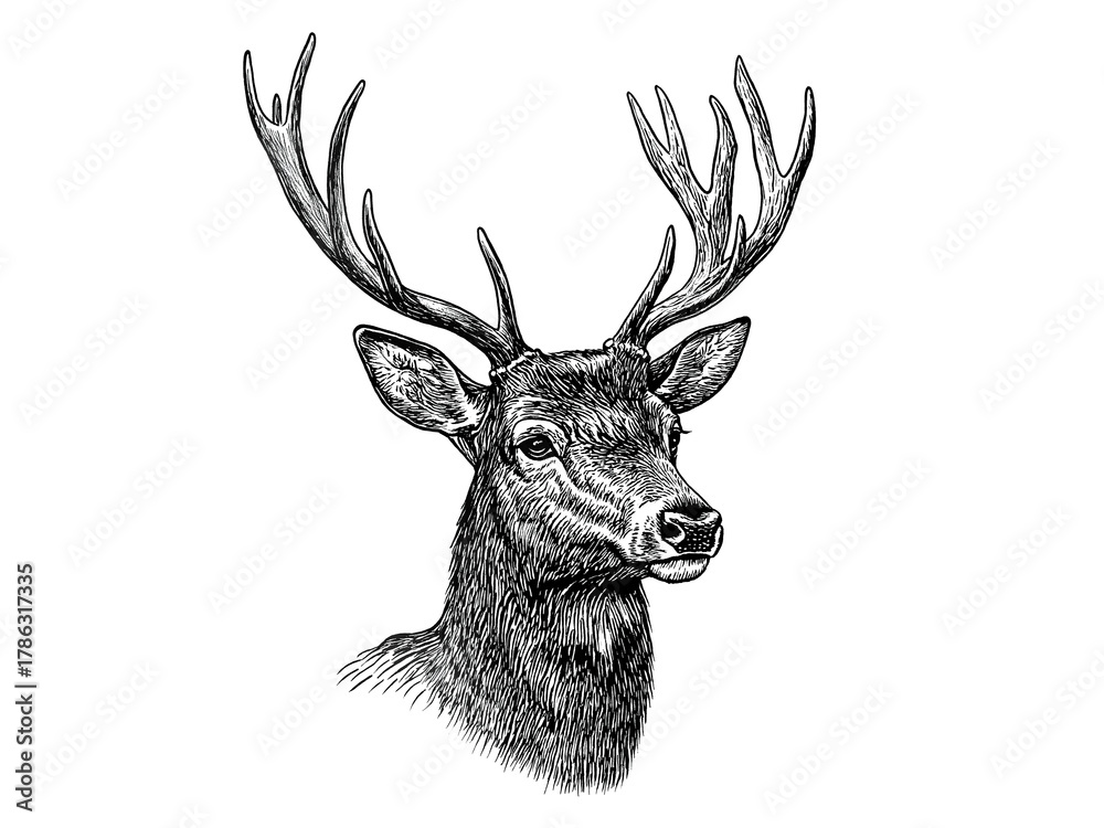 Naklejka premium Deer fawn. Vintage retro print, black white deer fawn sketch ink pencil style drawing, engrave old school. Sketch artwork silhouette reindeer, fawn. Side view profile. Illustration