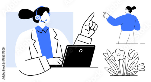 Professional interacting through a laptop wearing a headset, pointing figure in profile, and blooming flowers. Ideal for communication, customer support, interaction, teamwork, help desk
