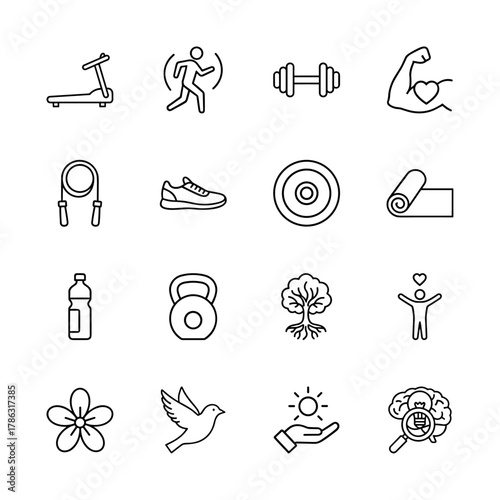 Health, fitness, and wellness line icon set. Vector pictograms of treadmill, runner, dumbbell, yoga mat, water bottle, nature, and mindfulness concepts, thin linear illustration.